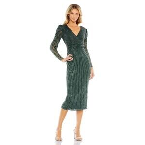 Mac Duggal 93676 Beaded Lace Long Sleeve Midi Dress in Dark Green Size 0